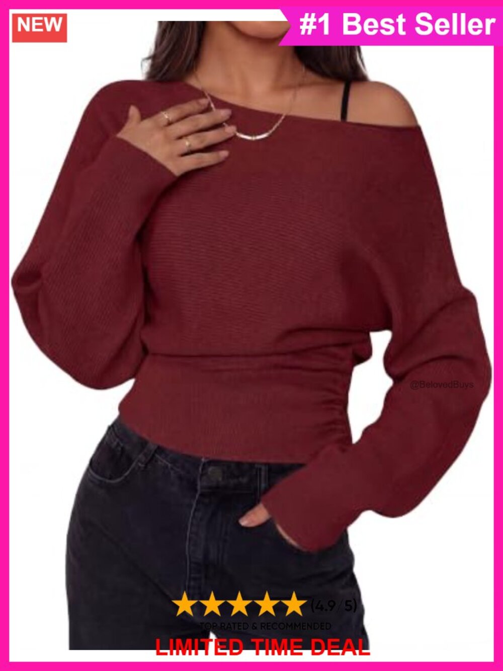 Ribbed Knit Off Shoulder Sweater Batwing Sleeve Boat Neck Pullover